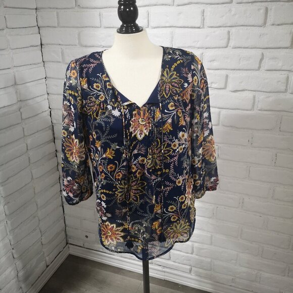 St John's Bay Ladies Size Small Navy with Flower Pattern Loose Fit Blouse - Picture 1 of 7